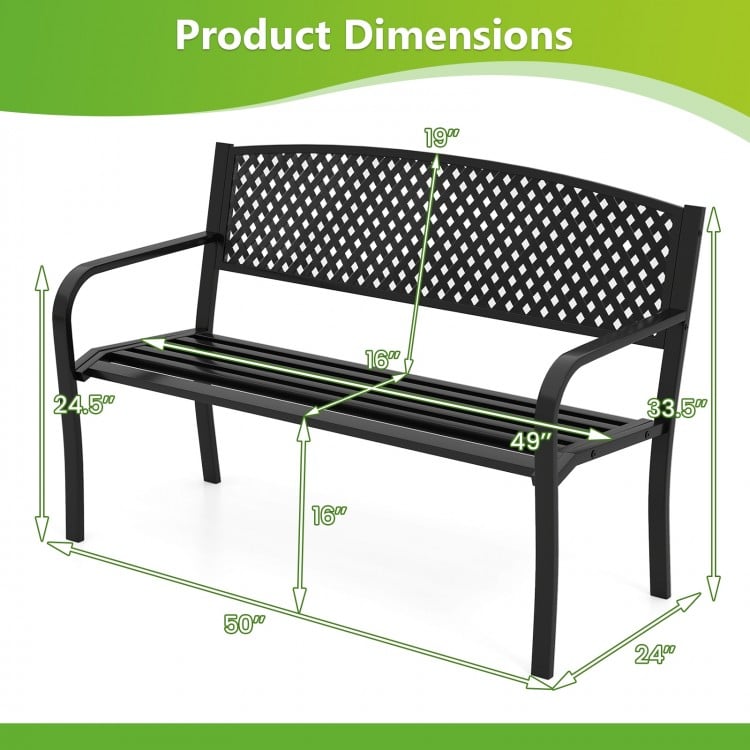 Dimensions of the black metal outdoor bench with high back, suitable for 2-3 people, featuring ergonomic design.