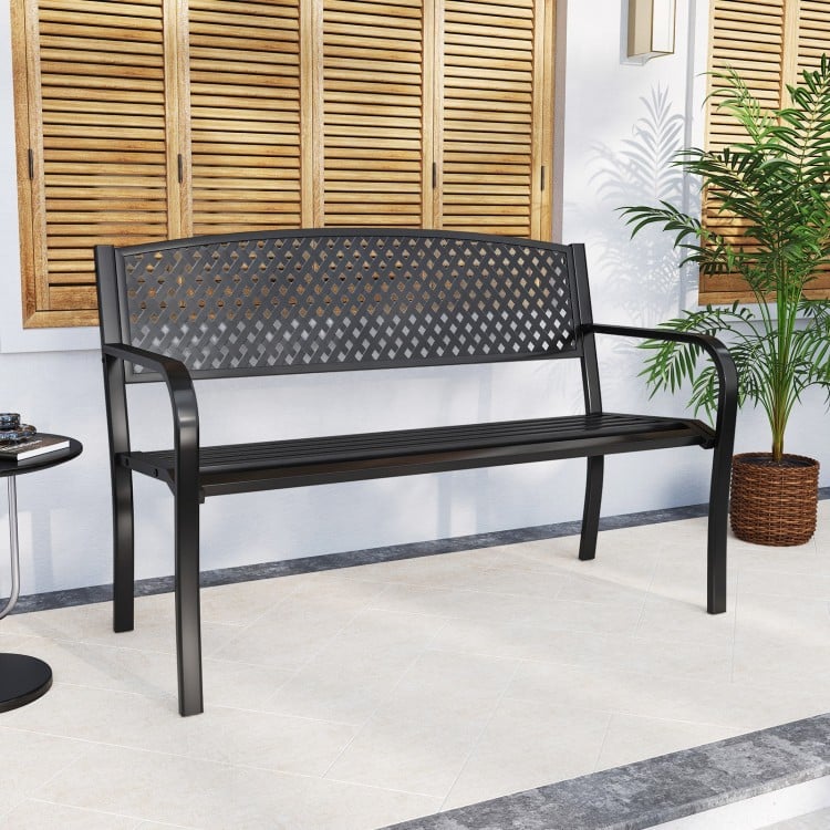 Black metal outdoor bench with high back, ergonomic seat for 2-3 people, perfect for garden or patio use.