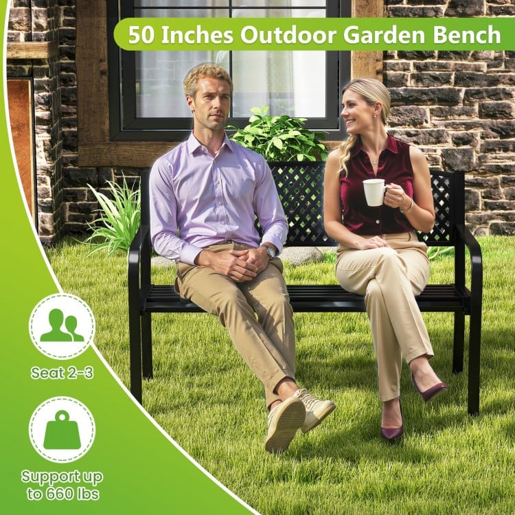 Metal outdoor bench for 2-3 people, featuring a high back and curved armrests, supports up to 660 lbs for garden use.