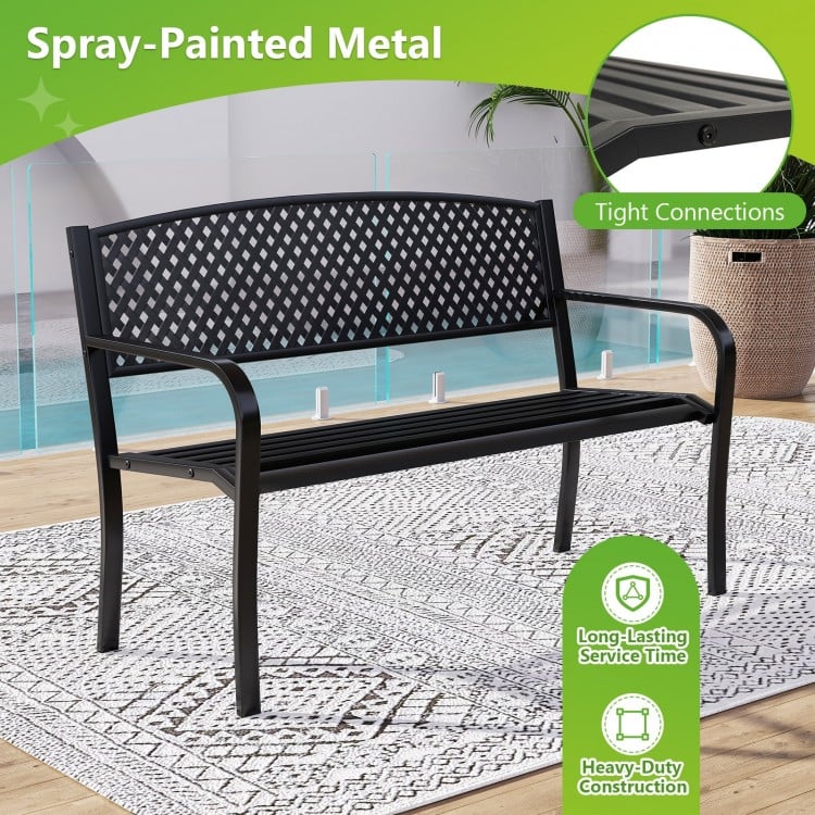 Spray-painted metal outdoor bench with a high back and tight connections, designed for long-lasting durability in any.