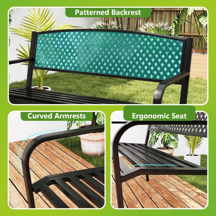 Curved armrests and patterned backrest of the black metal outdoor bench for 2-3 persons, ideal for patio use.