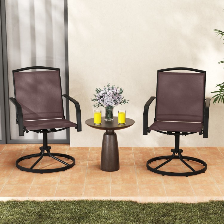 Set of 2 outdoor swivel chairs with high back and breathable coffee seat, perfect for backyard relaxation.