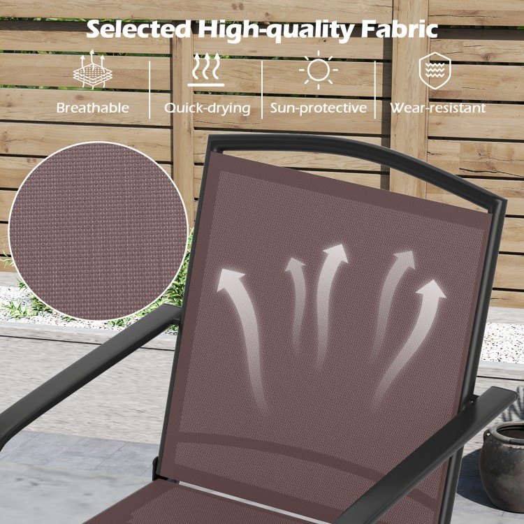 High-back outdoor swivel chair with breathable, quick-drying fabric, ideal for backyard relaxation and stability.