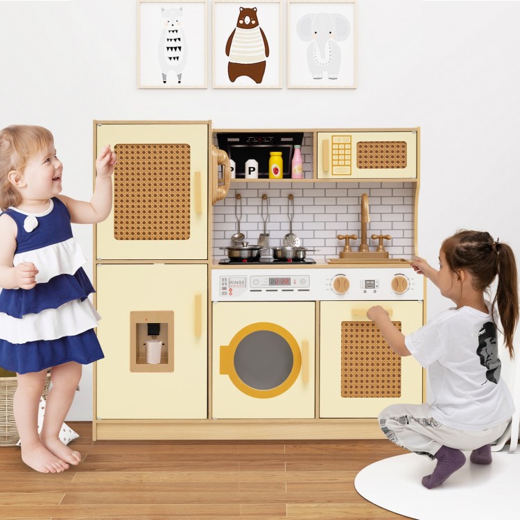 Kids wooden kitchen playset in yellow with realistic lights and sounds, perfect for imaginative play for 2-3 children.