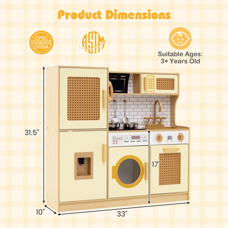 Kids wooden kitchen playset in yellow with realistic lights and sounds, ideal for imaginative play for ages 3+.