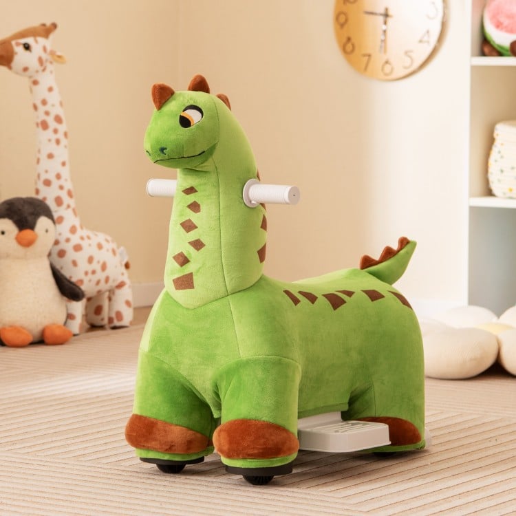 Kids ride-on dinosaur in green with padded seat, foot pedal, and music features for fun indoor adventures.