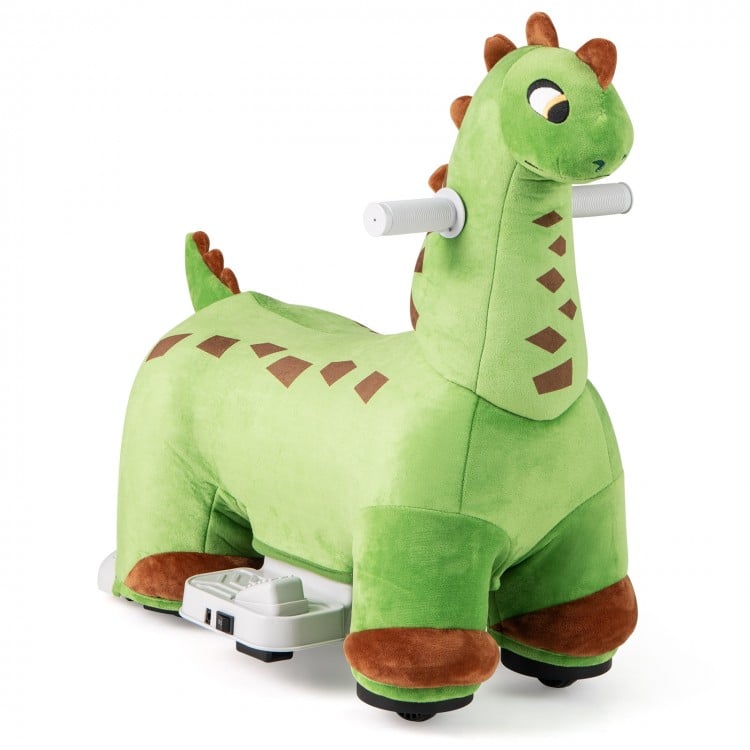 Green plush dinosaur ride-on toy with padded seat, foot pedal, and music features for kids' fun and comfort.