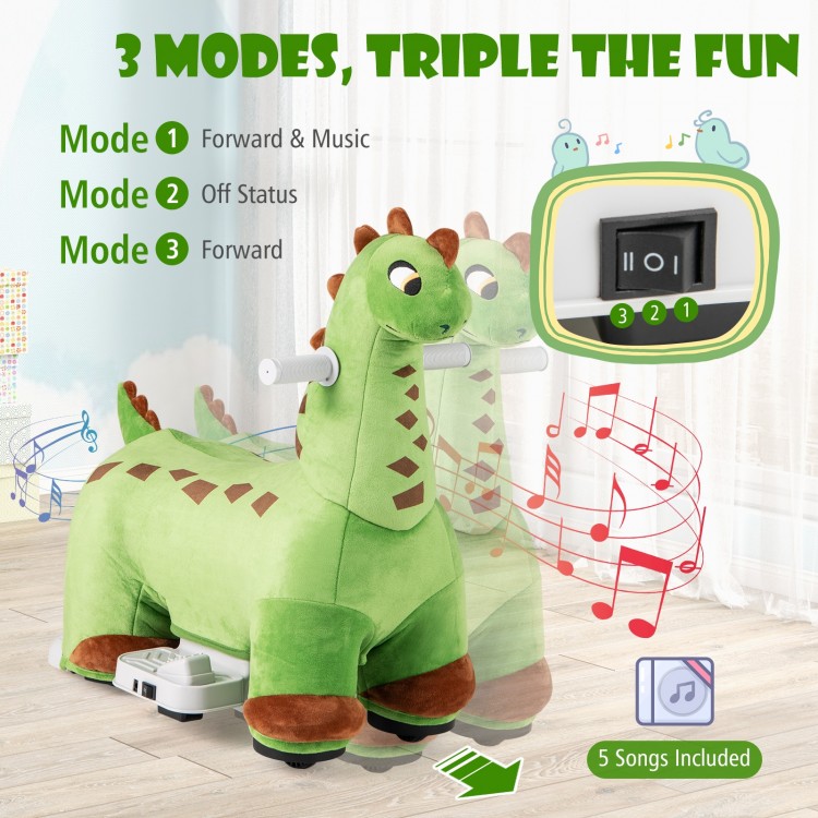 Kids ride-on dinosaur in green with padded seat, foot pedal, and music feature for fun adventures.