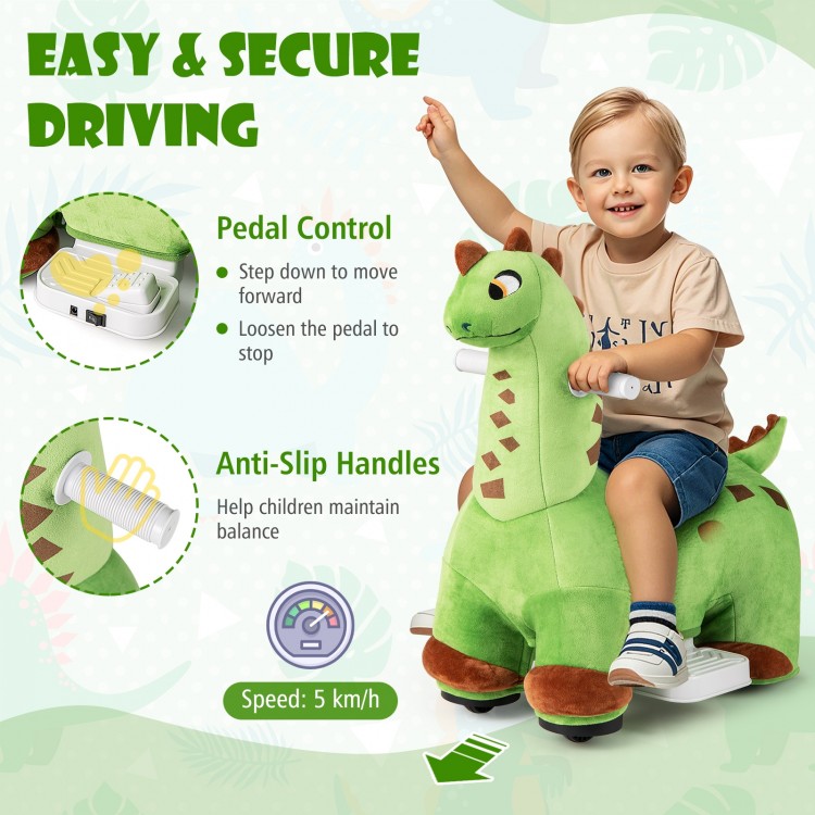 Kids ride-on dinosaur in green with padded seat, pedal control, and anti-slip handles for secure driving at 5 km/h.