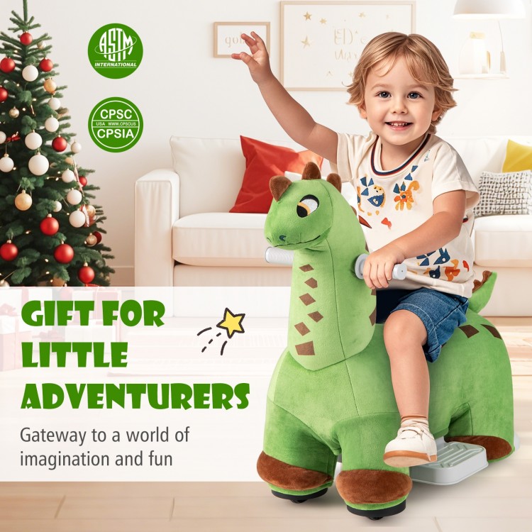 Kids ride-on dinosaur in green with padded seat, foot pedal, and music, perfect for imaginative play and adventures.