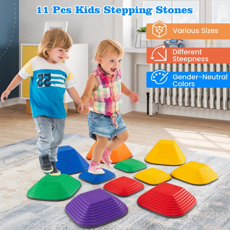 Colorful 11-piece kids stepping stones in various sizes and steepness for balance games indoors and outdoors.