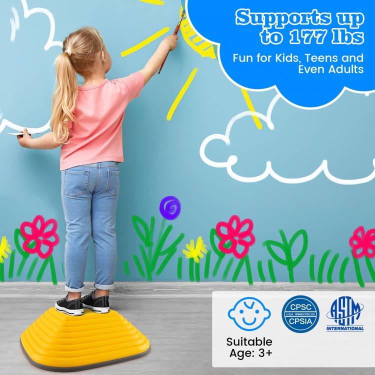 Colorful stackable kids stepping stones for balance games, supports up to 177 lbs, ideal for indoor and outdoor fun.