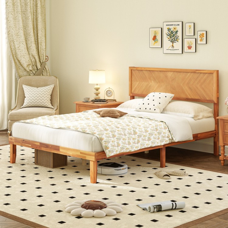 Full size bed frame with headboard, rustic wood grain finish, and under-bed storage space for easy cleaning.