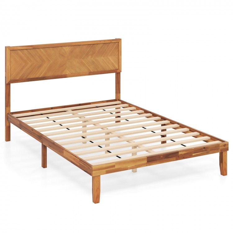 Full-size bed frame with headboard, sturdy plywood slats, rustic wood grain finish, and under-bed storage space.