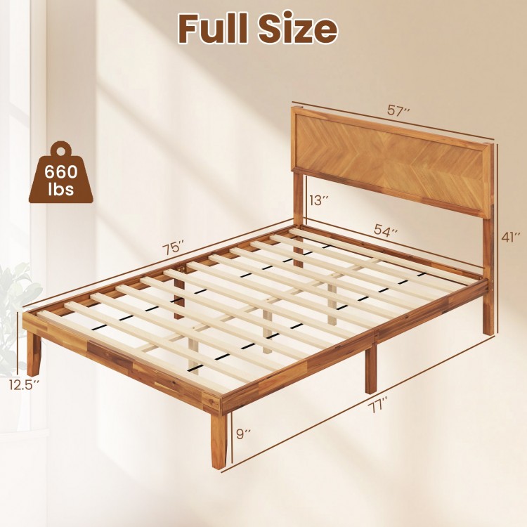 Full size bed frame with high headboard, sturdy plywood slats, rustic wood grain finish, and under-bed storage space.
