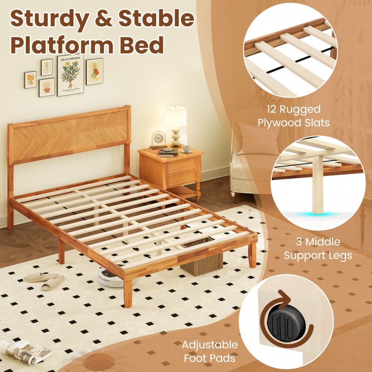 Full-size platform bed frame with headboard, rugged plywood slats, and adjustable foot pads for enhanced stability.