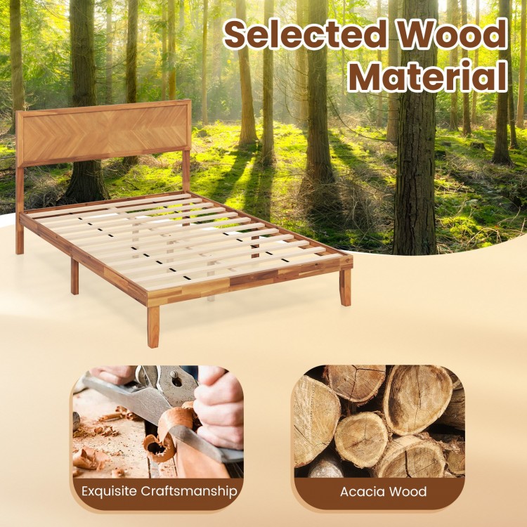 Full-size bed frame with headboard, crafted from acacia wood, featuring sturdy slats and under-bed storage space.