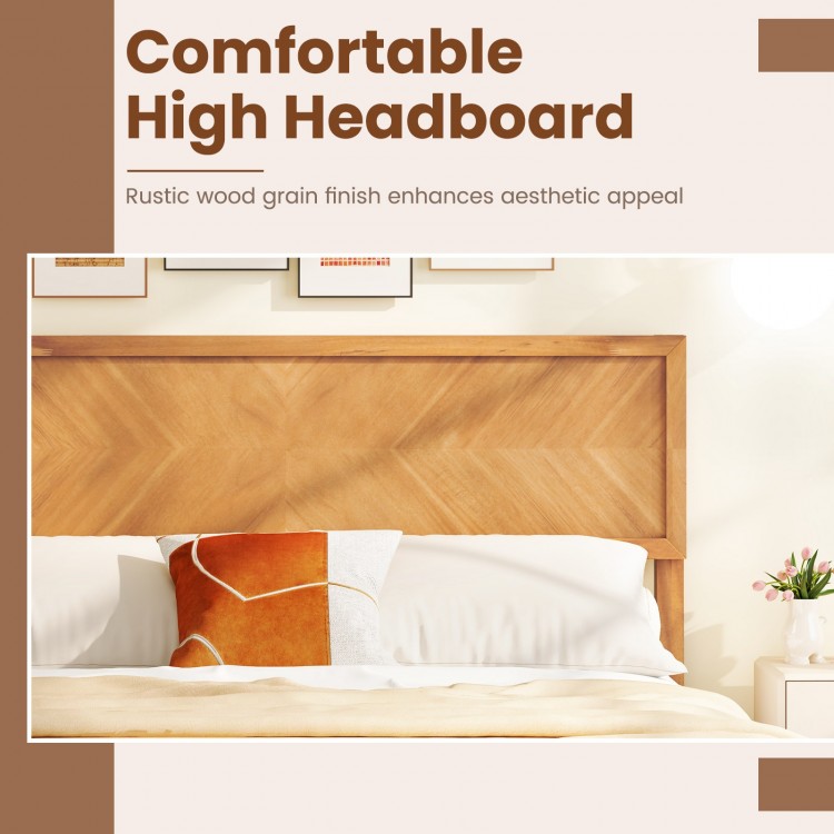 Comfortable high headboard in rustic wood grain finish enhances aesthetic appeal of the full-size bed frame with.