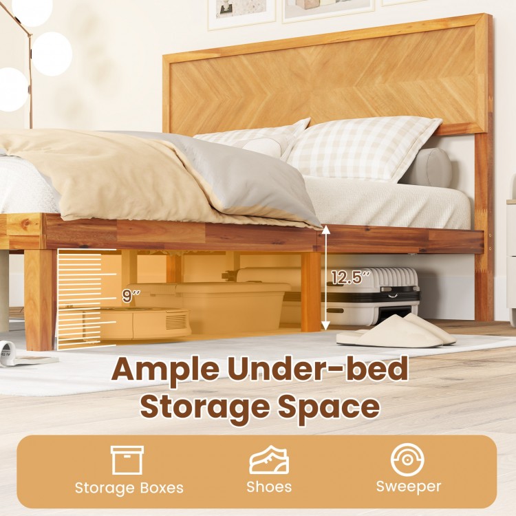 Full-size bed frame with a rustic wood grain finish and ample under-bed storage space for boxes and a sweeper.