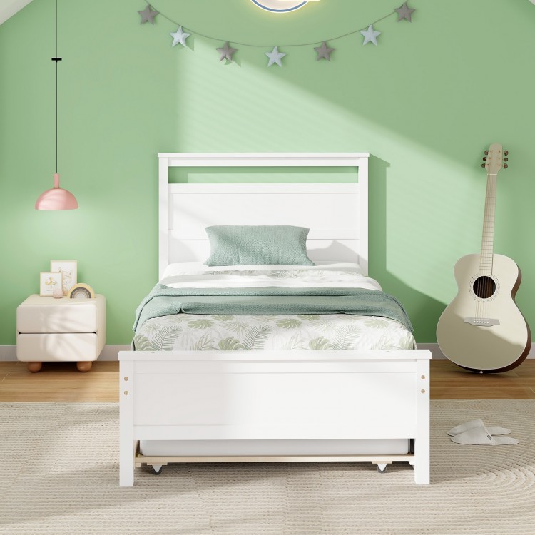 Twin size wooden bed frame in white with trundle, featuring sturdy slats and elegant design for versatile bedroom use.