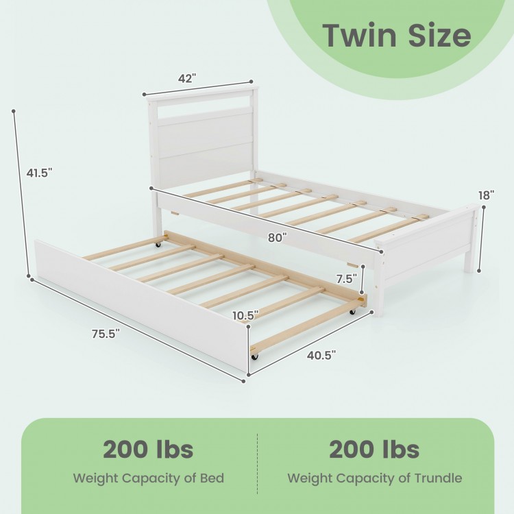 Twin size wooden bed frame with trundle, white, featuring sturdy slats and flexible wheels for versatile bedroom use.