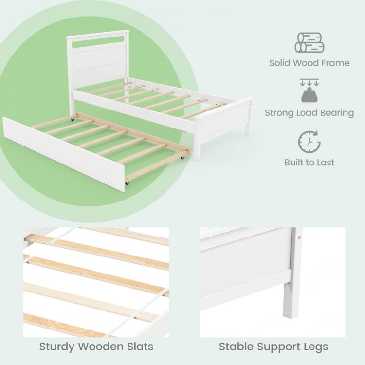 Twin size wooden bed frame in white with trundle, featuring sturdy slats and stable support legs for versatile use.