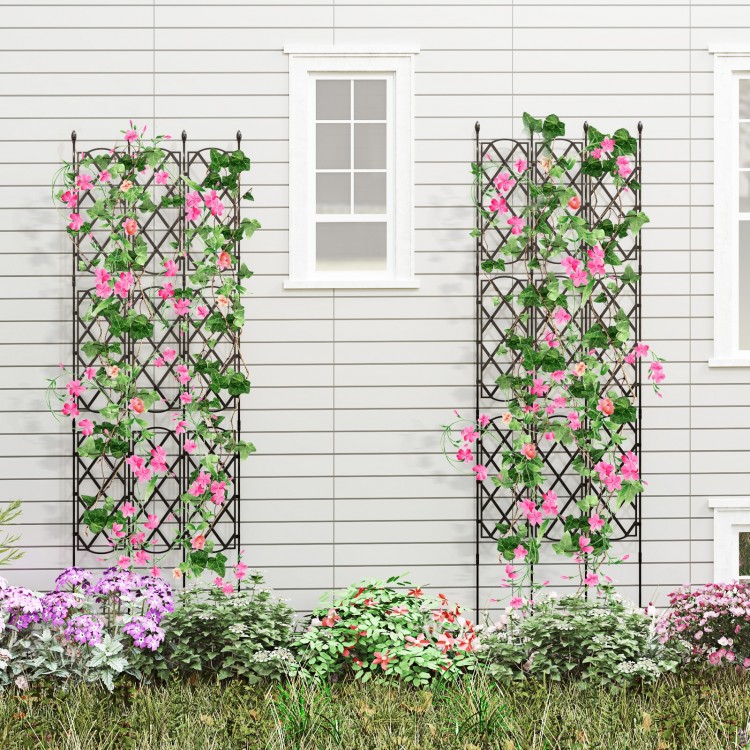 Outdoor plant support frame with pink flowers, featuring adjustable heights and sturdy rustproof metal for climbing.