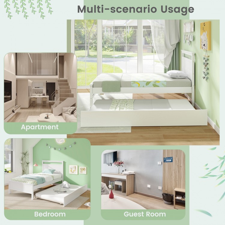 Twin size wooden bed frame with trundle, designed for versatile use in bedrooms, guest rooms, or apartments.