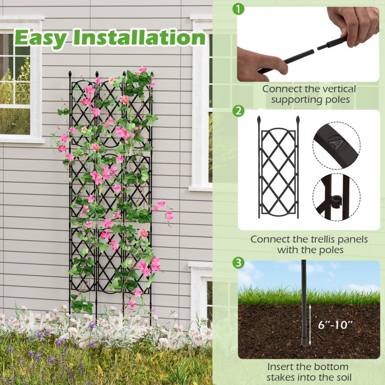 Black metal plant support frame with pink flowers, adjustable height for climbing plants, ideal for raised garden beds.