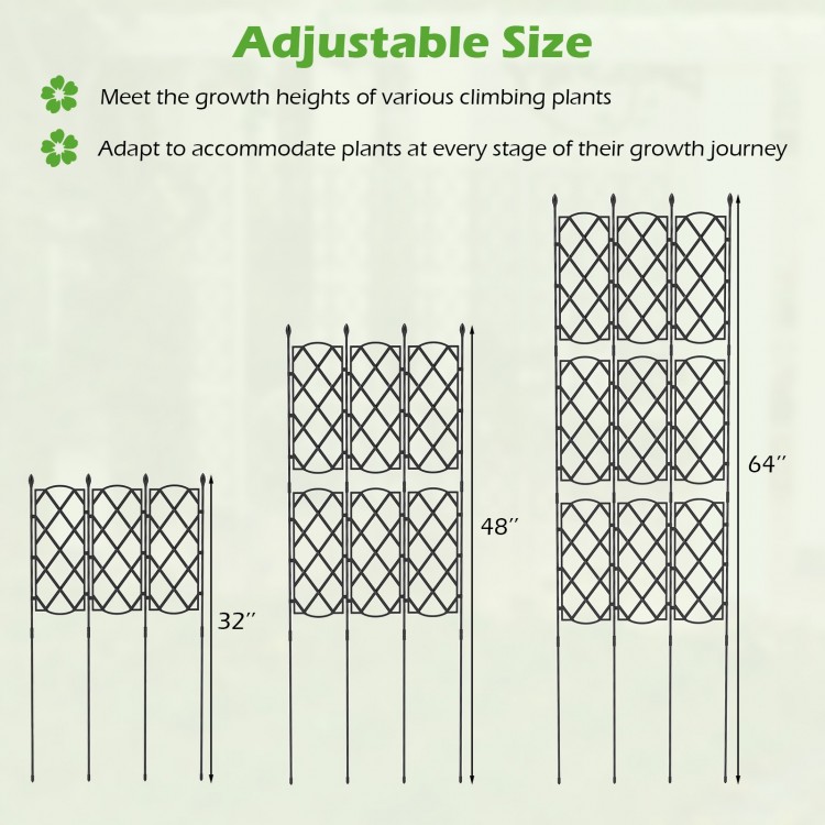 Adjustable outdoor plant support frame showcasing three height options for climbing plants, made of rustproof PE-coated.