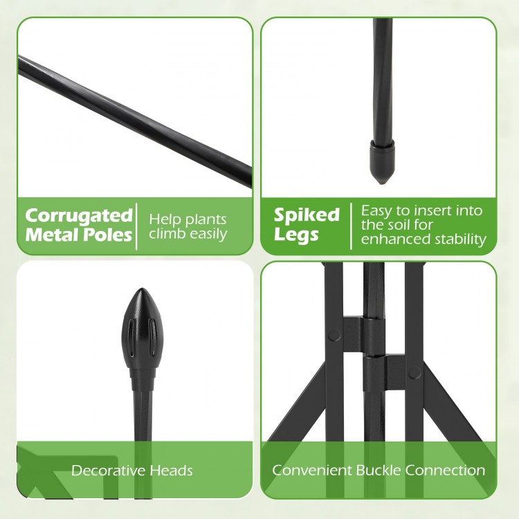 Corrugated metal poles and spiked legs of the 3-pack outdoor plant support frame for raised garden beds.