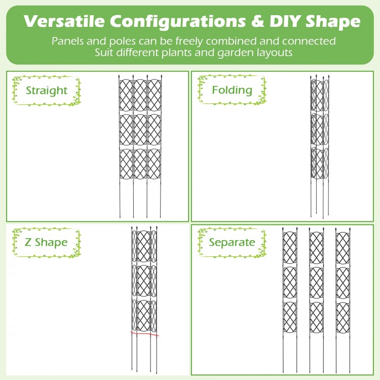 3-pack outdoor plant support frame showing versatile configurations: straight, folding, Z shape, and separate for.