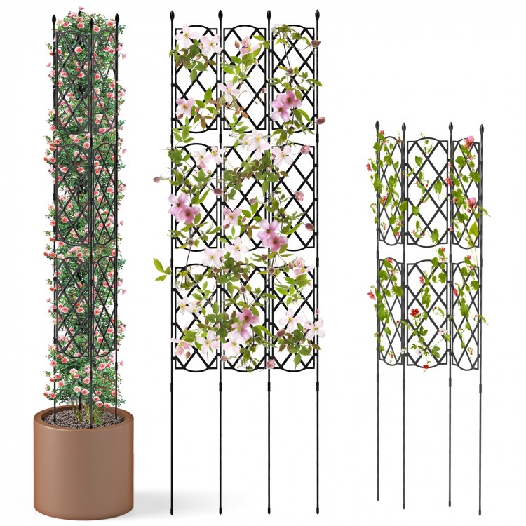 Outdoor plant support frames in various arrangements, made of PE-coated metal for stability and versatility in gardens.