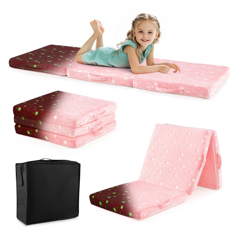 Foldable pink floor mattress for kids with washable flannel cover, featuring a tri-fold design for easy storage and.