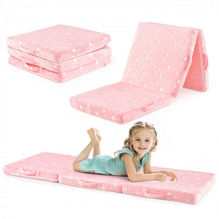 Foldable pink floor mattress for kids with a soft flannel cover, designed for comfort and easy transport with carrying.