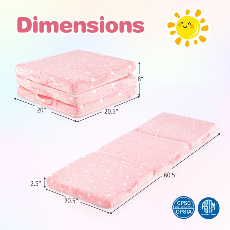 Foldable pink floor mattress for kids, featuring a tri-fold design and washable flannel cover, ideal for playrooms and.