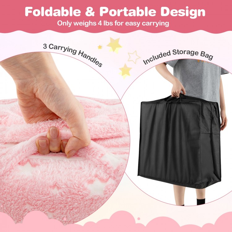 Foldable floor mattress for kids in pink with washable flannel cover, featuring carrying handles and storage bag for.