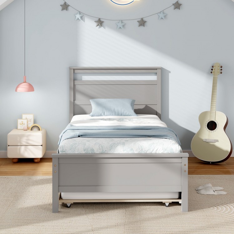 Twin size gray wooden bed frame with trundle, showcasing clean lines and stable support legs, perfect for teen or guest.