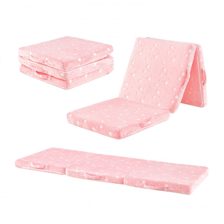 Foldable pink floor mattress for kids with washable flannel cover, tri-fold design, perfect for sleep and play.