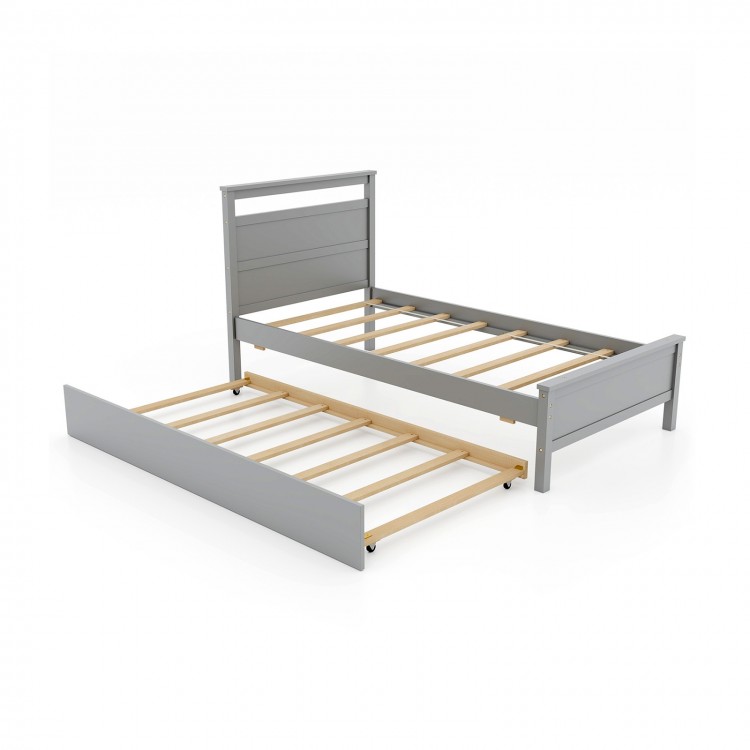 Twin size gray wooden bed frame with pull-out trundle, featuring sturdy slats and elegant design for versatile bedroom.