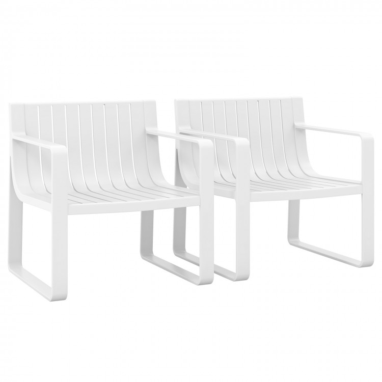 Set of 2 white patio chairs with curved backrests and wide armrests, perfect for outdoor relaxation and easy.