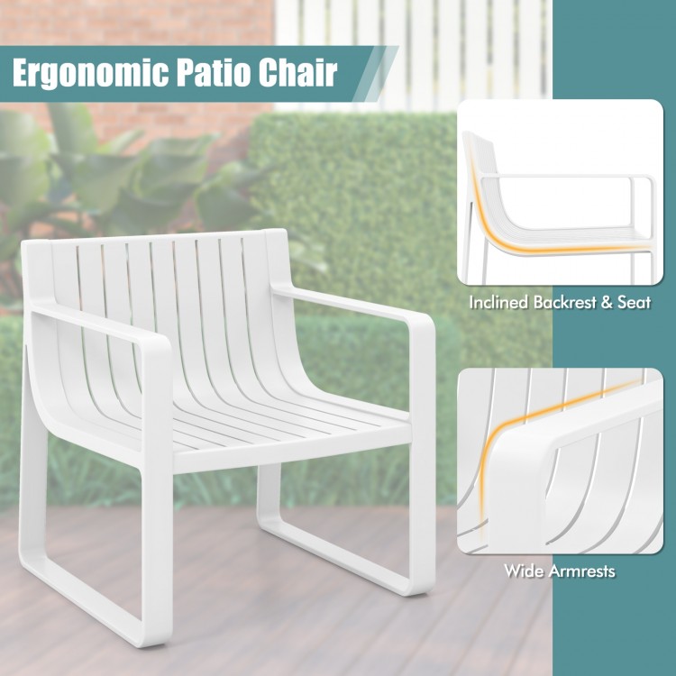 Ergonomic white patio chair with curved backrest and wide armrests, perfect for outdoor comfort and relaxation.