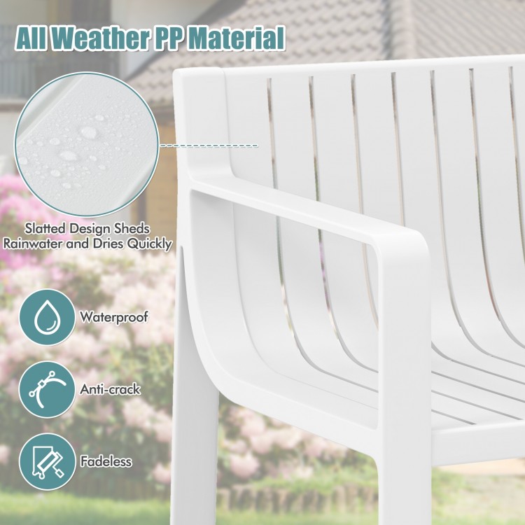 White patio chair showcasing slatted design and waterproof PP material, perfect for outdoor comfort and quick drying.