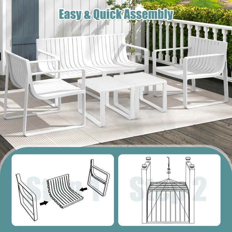 Set of 2 white patio chairs with curved backrests, slatted design for quick drying, ideal for outdoor relaxation.