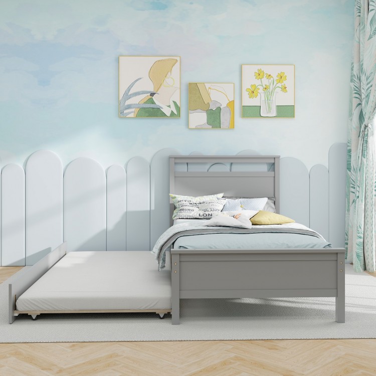 Twin size gray wooden bed frame with trundle, featuring sturdy slats and elegant design, ideal for bedrooms or guest.