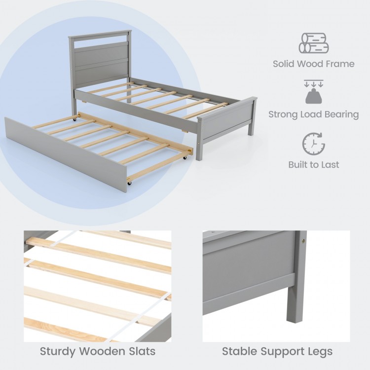 Twin size wooden bed frame in gray with trundle, featuring sturdy slats and stable support legs for versatile bedroom.