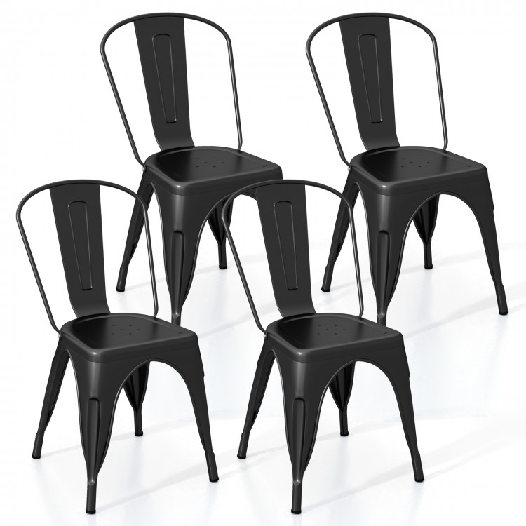 Set of 4 black metal dining chairs with removable backrests, featuring a sturdy frame and stackable design for easy.