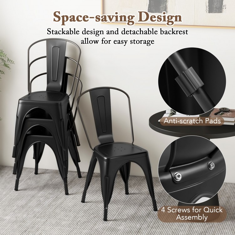 Stackable black metal dining chairs set of 4 with removable backrest, featuring anti-scratch pads for easy storage.
