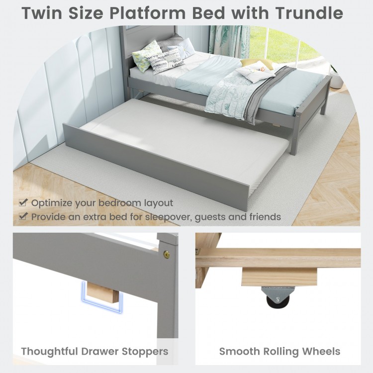 Twin size wooden bed frame with trundle in gray, featuring sturdy slats and smooth rolling wheels for easy access.