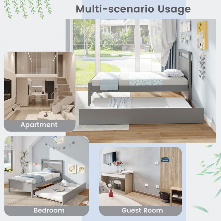 Twin size gray wooden bed frame with trundle, ideal for multi-scenario usage in bedrooms or guest rooms.